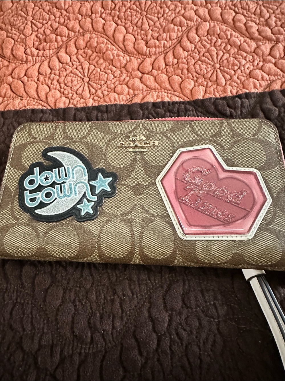 Coach Brown Monogram Zip Wallet with Pink & Blue Patch Accents EUC - Picture 7 of 7